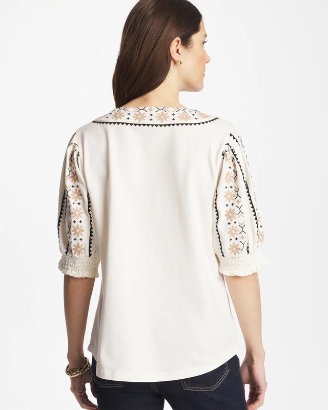 Embroidered Smocked-Sleeve Tee - image 3